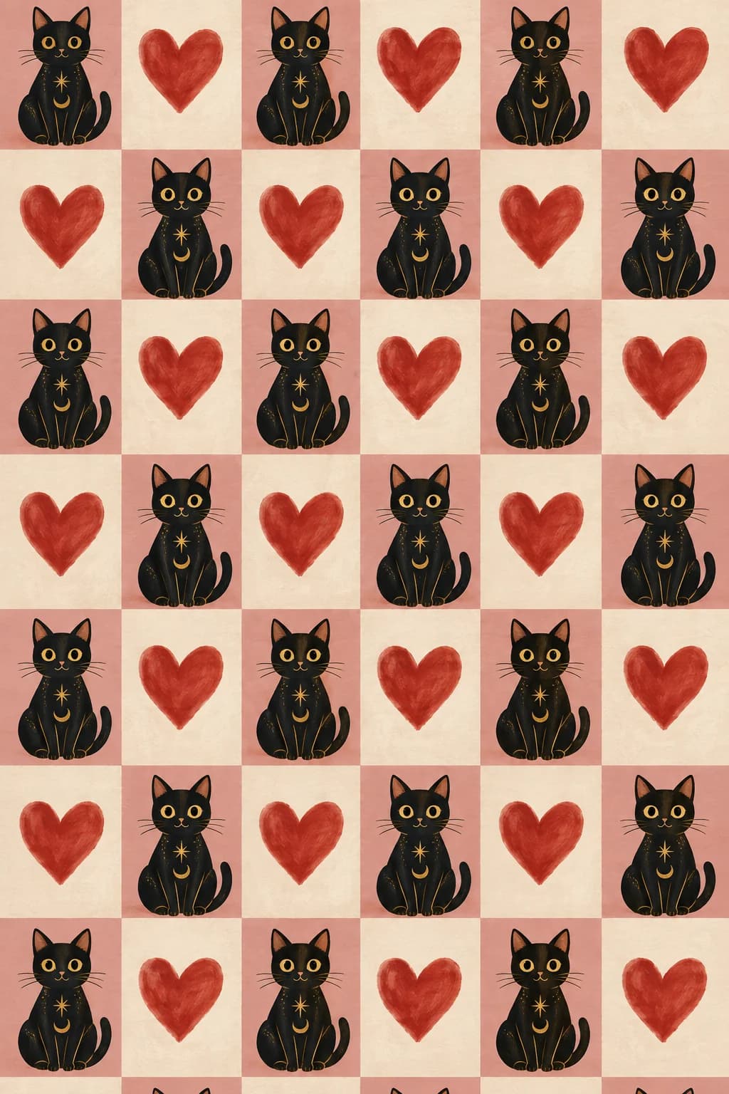 Black Cat Red Heart Checkerboard Pattern