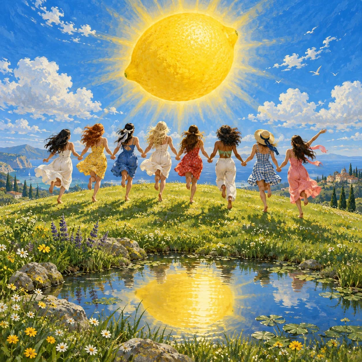 Lemon Sun Girls Running Hill