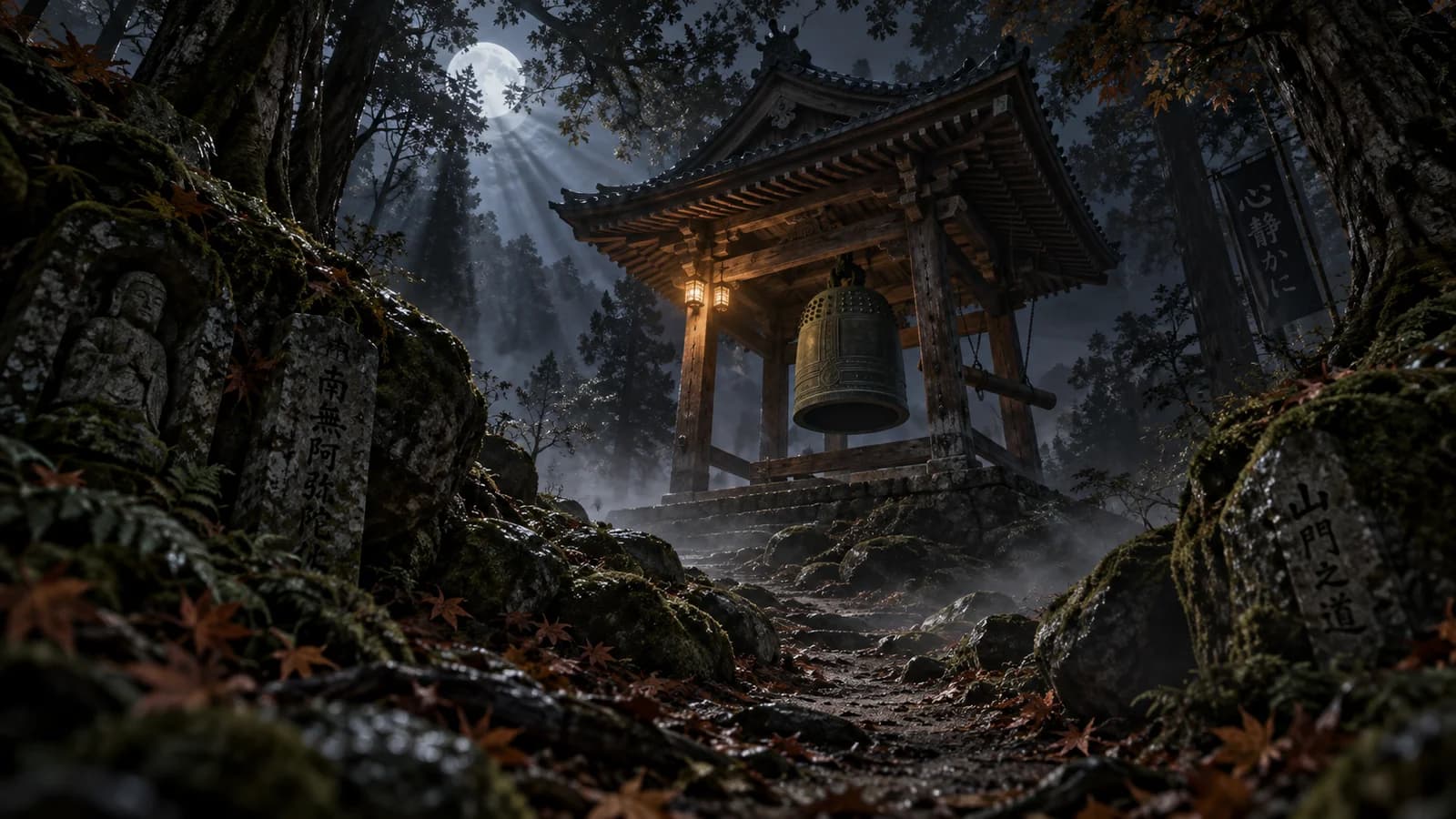 Moonlit Mountain Trail Shoro Bell Pavilion