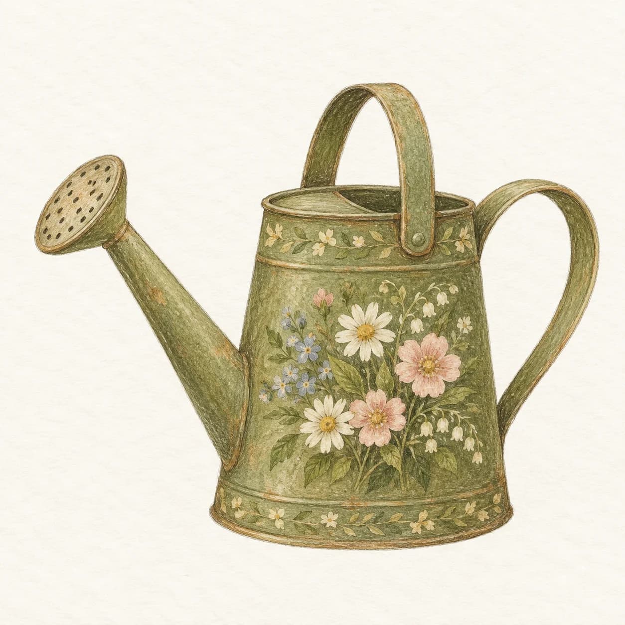 Moss Green Floral Watering Can Clipart
