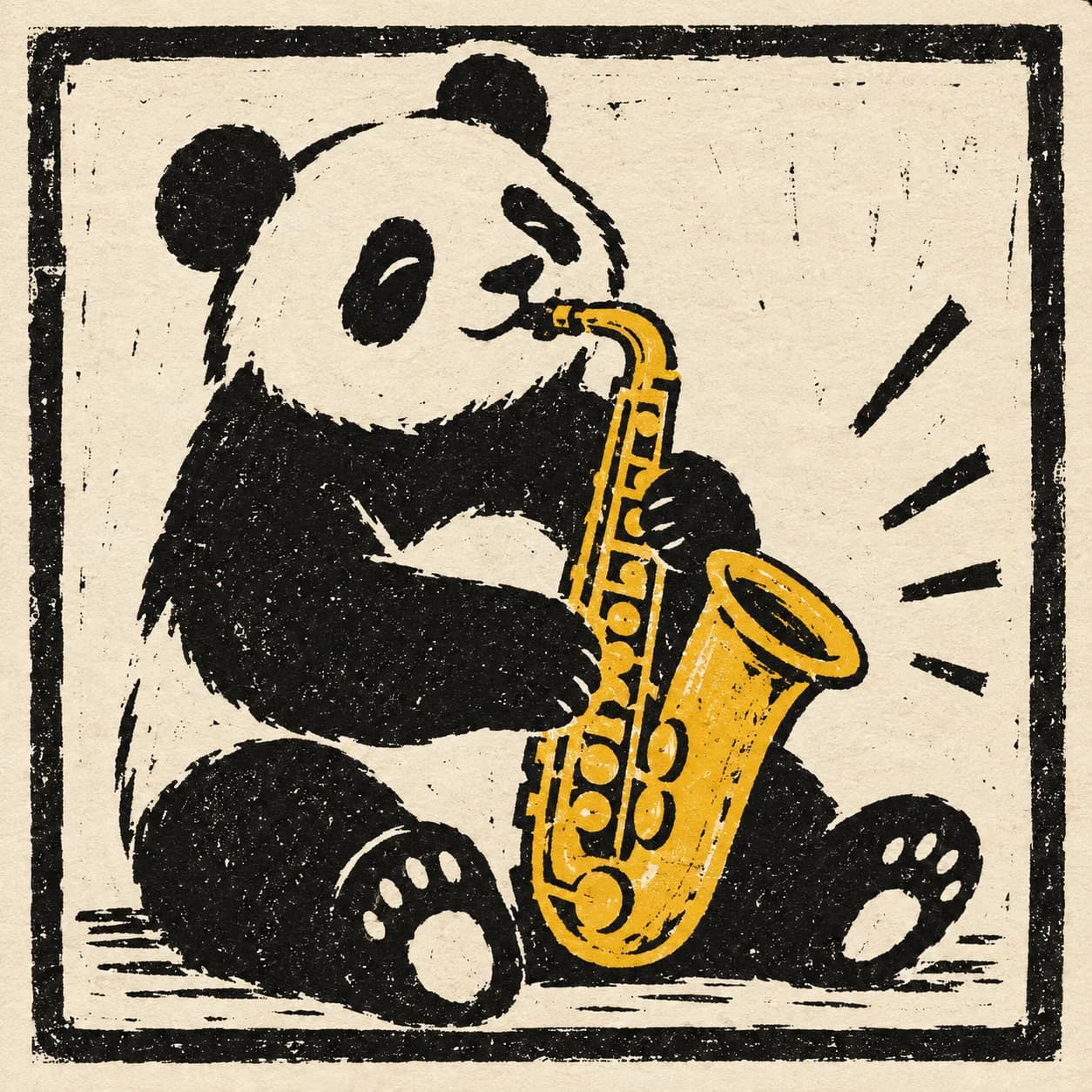 Panda Golden Saxophone Lino Print
