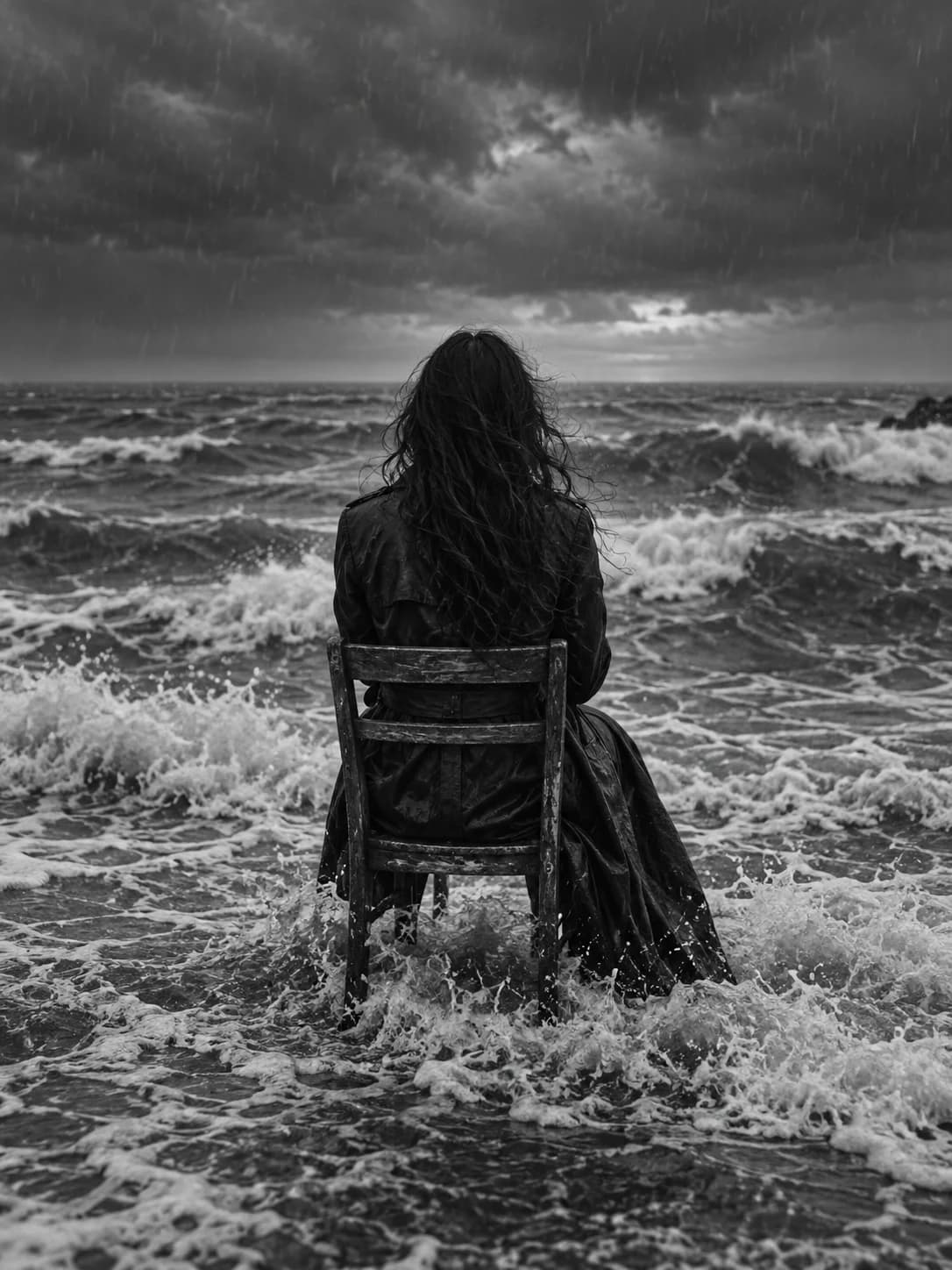 Woman Wooden Chair Stormy Sea Bw