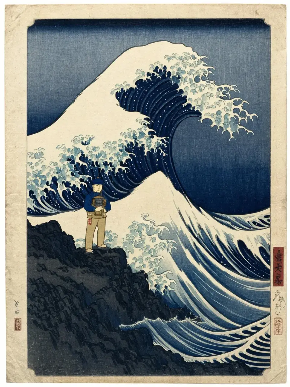 Ukiyo-e print of a lighthouse keeper in a storm