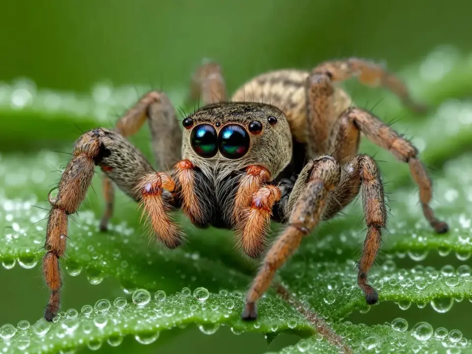 Macro of a jumping spider on a dewy fern