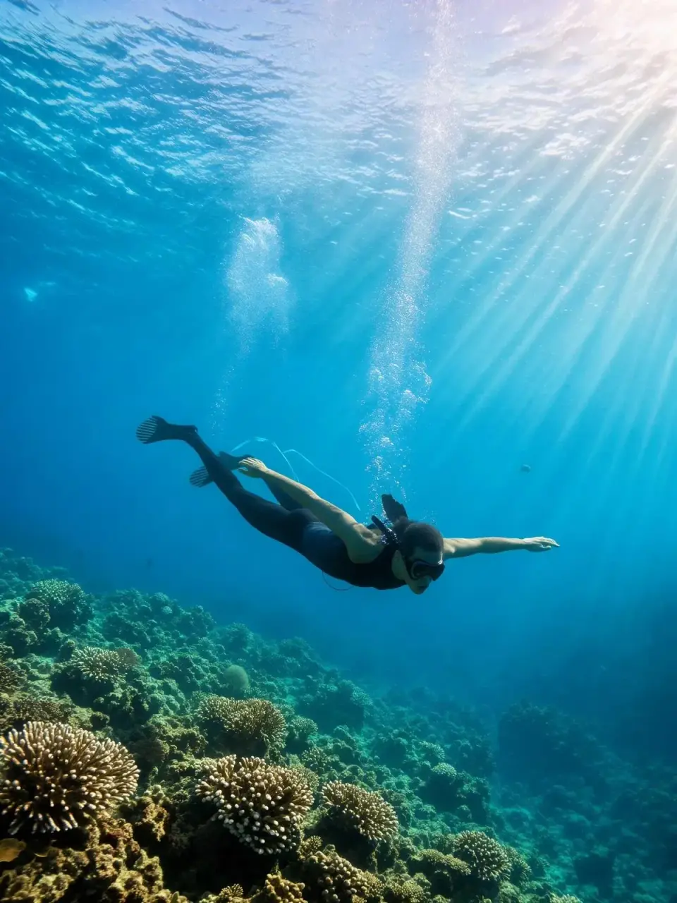 A freediver gliding above a coral reef
