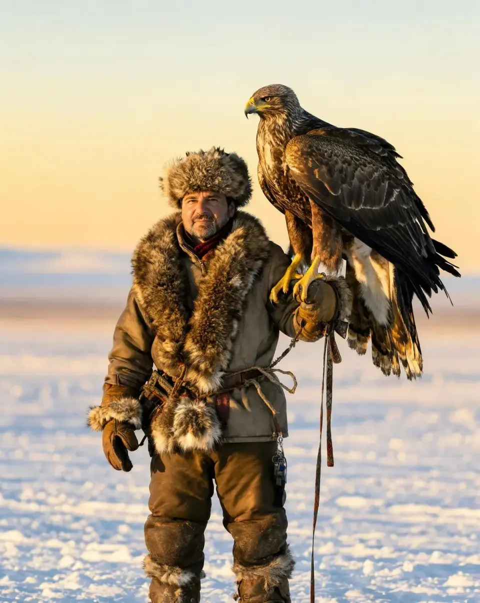An eagle hunter holding a golden eagle at golden hour