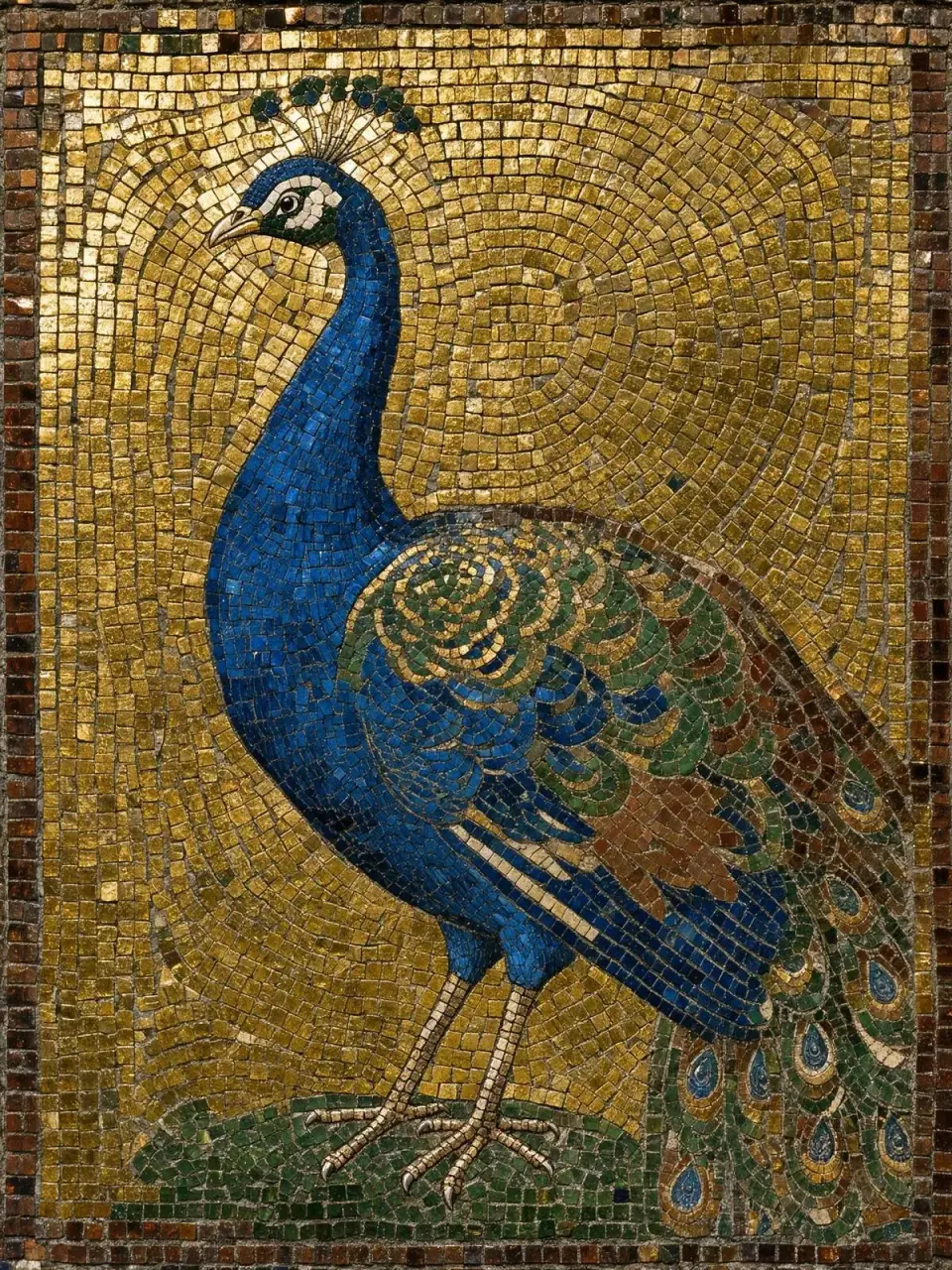 Byzantine mosaic of a peacock in blue and gold