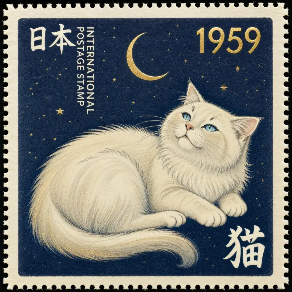 A navy postage stamp with a white long-haired cat under a gold crescent moon, the text 日本 INTERNATIONAL POSTAGE STAMP, the year 1959 and the kanji 猫