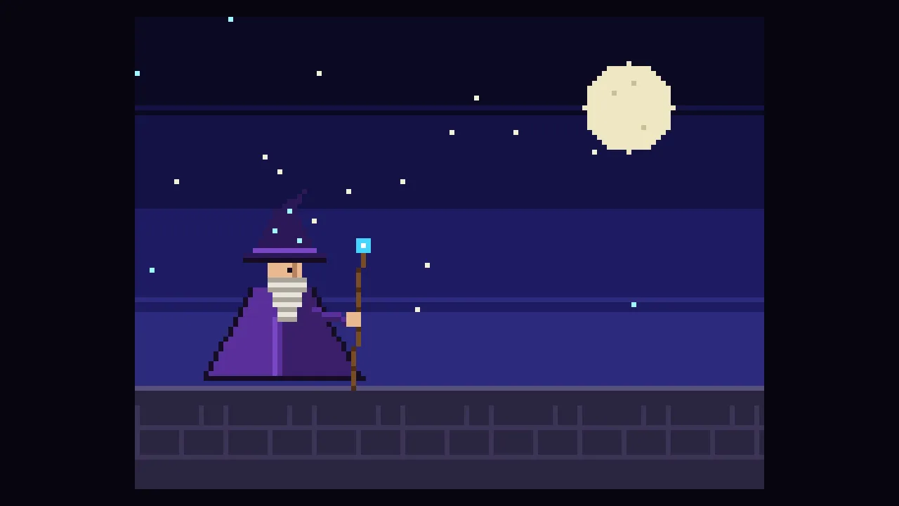 Pixel-art wizard casts a spell