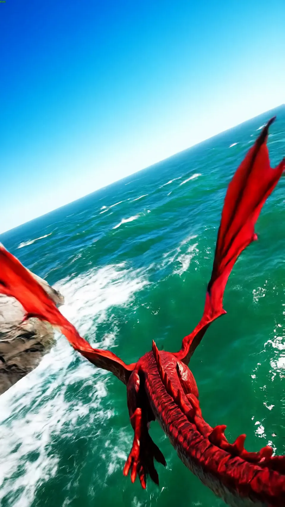 Scarlet dragon over an emerald sea